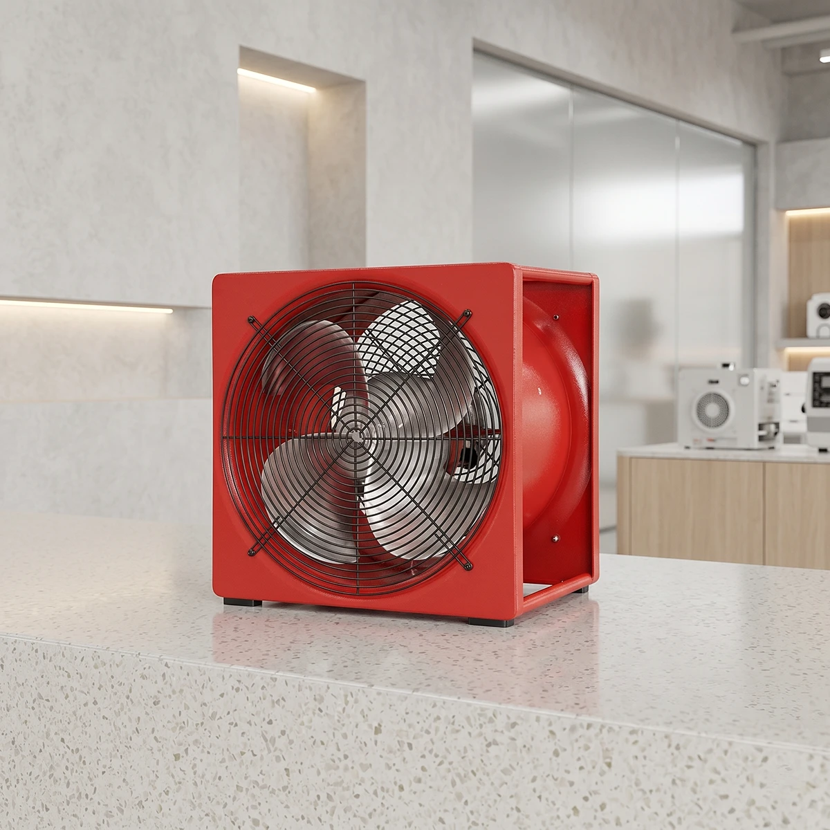 Smoke ejector fan with protective wire guard