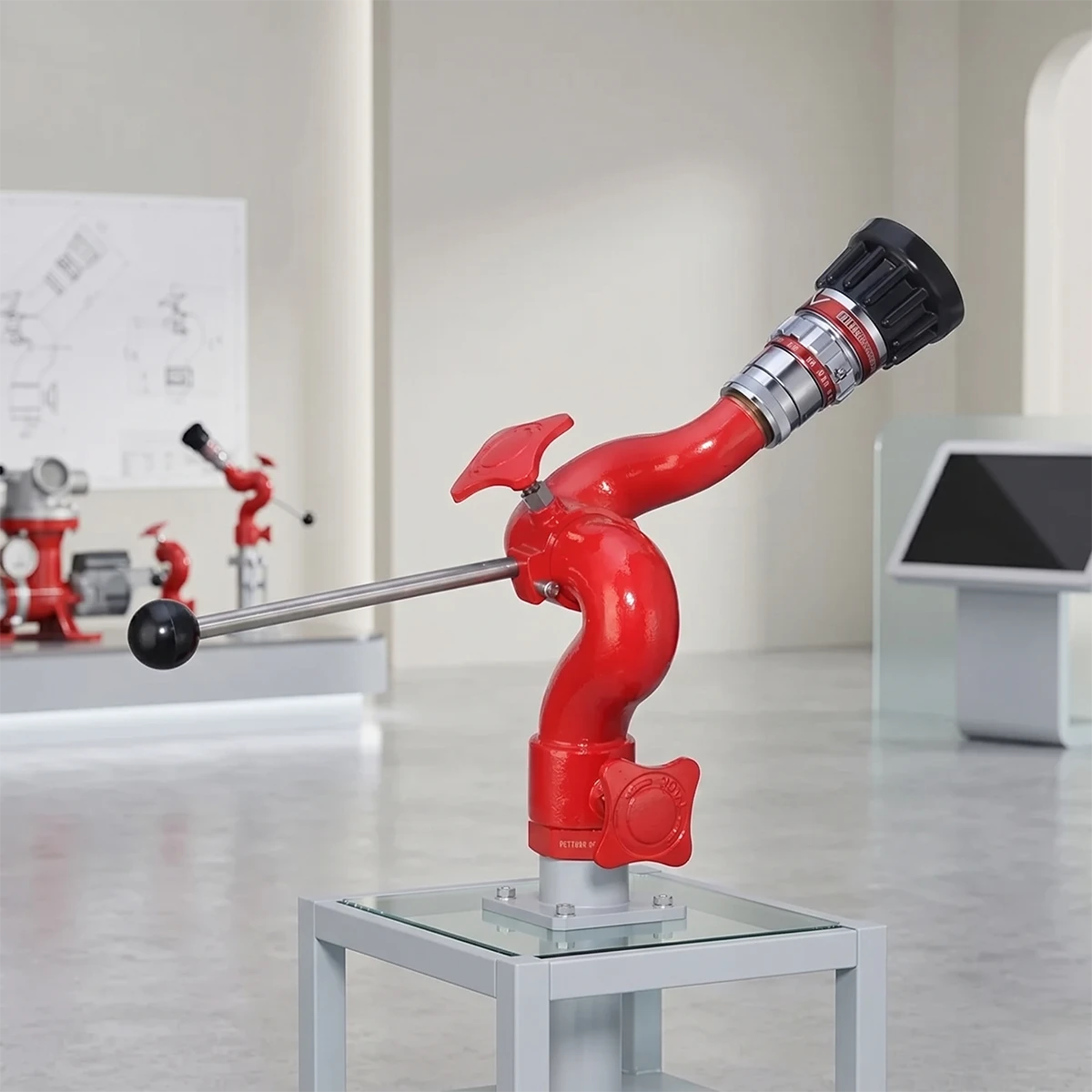 MERAJ firefighting monitor displayed in an industrial equipment setting