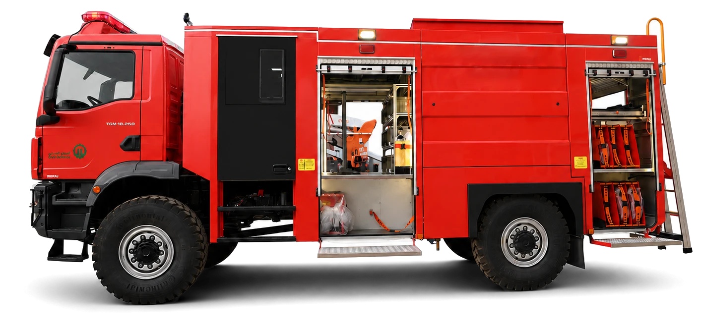 Meraj red fire truck side profile